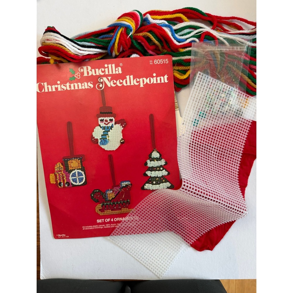 VTG Bucilla Needlepoint 4 Ornament Kit DIY Christmas Crafts Plastic Canvas Open